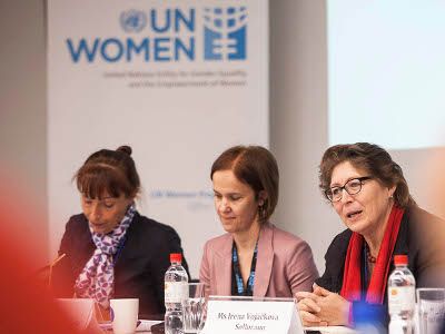 Milana Rikanovic, head of UN Women in Serbia, and Irena Vojackova-Sollorano, UN Resident Coordinator & UNDP Resident Representative – Serbia at the opening session. Photo by Igor Pavicevic. 