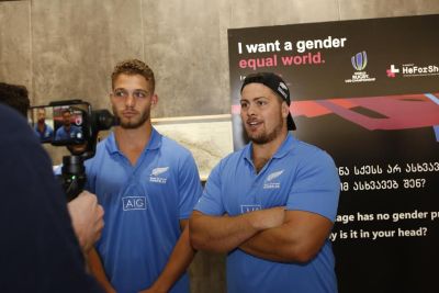 New Zealand's rugby players talking about gender equality and empowering of girls through sports; Photo: UN Women/Maka Gogaladze