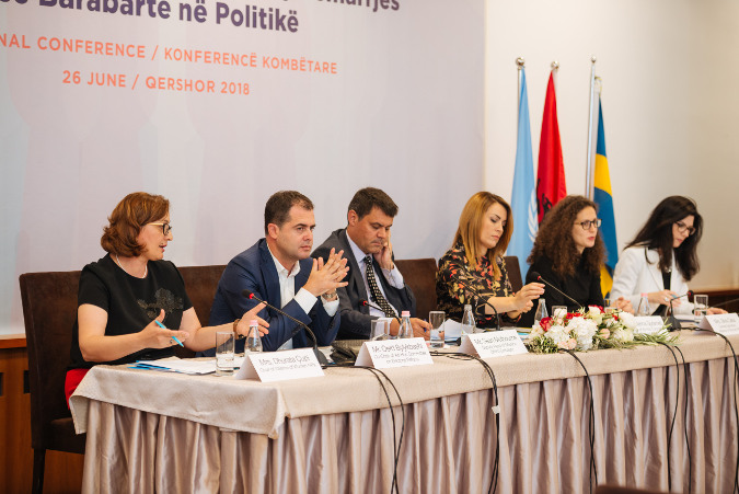 From left to right: Dhurata Çupi, Chair of Alliance of Women MPs; Oerd Bylykbashi, Co-Chair of Ad-Hoc Committee on Electoral Reform, Sean Melbourne, Deputy Head of Mission, British Embassy; Blerina Gjylameti, Member of Ad-Hoc Committee on Electoral Reform; Mrs. Silva Caka, General Secretary, Alliance of Women MPs, Fiorela Shalsi, UN Women National Programme Manager. UN Women Albania / Armand Habazaj