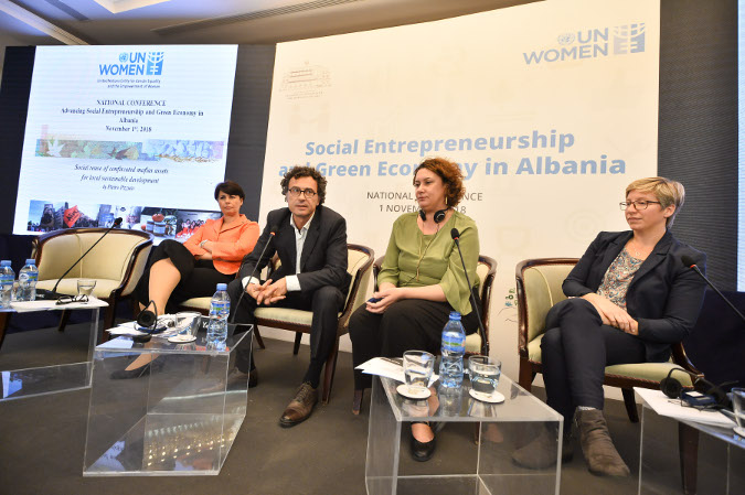 Speakers from Albania, Italy and Germany at the national Conference on Social Entrepreneurship and Green Economy organized in Albania Credit: UN Women/Eduard Pagria