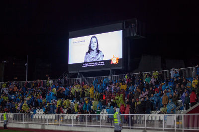 Ulrika Richardson, UN Development Coordinator, in the broadcasted video in the stadium. Photo: UN Kosovo Team
