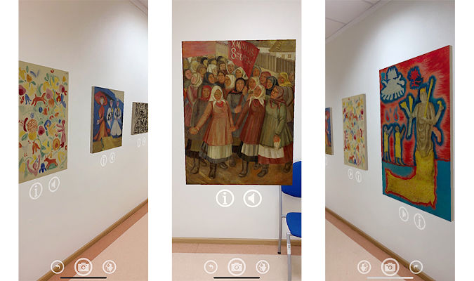Users can move to a virtual gallery wherever they are, at home or on the street. The application is available in Ukrainian and English. Screenshot collage by UN Women Ukraine
