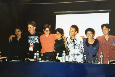 Lepa Mladjenovic (third from left) at a lesbian panel in the Beijing Women’s World Conference NGO Forum, 1995. Photo: Personal archive. 