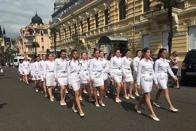 To mark the celebration, the female students of Batumi State Maritime Academy marched together with the orchestra in Central Park
