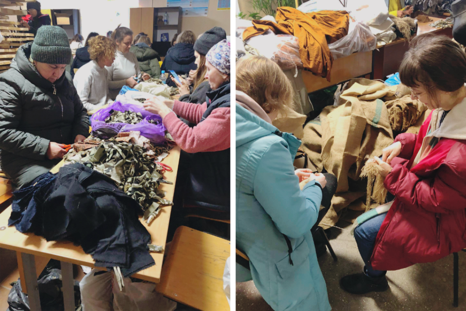 Local and internally displaced women and girls volunteer knitting the camouflage nets for the army and collecting humanitarian aid at the Chernivtsi Polytechnic College, Chernivtsi, Western Ukraine.