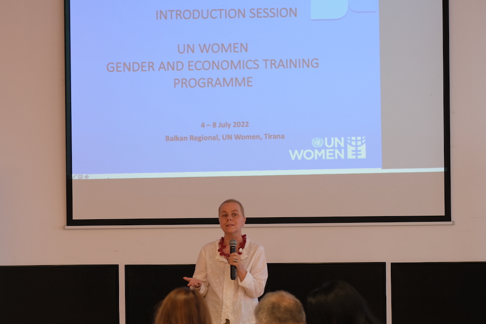 UN Women GRB Programme Specialist Ermira Lubani making her opening remarks.