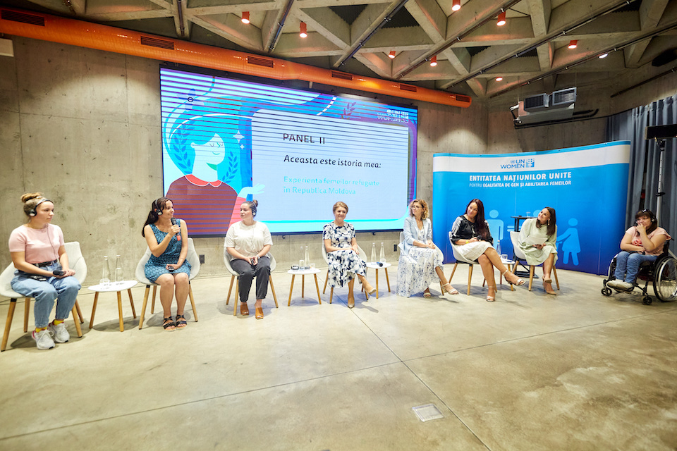From left to right: Liubov and her mother, Oxana - refugee from Odesa region, Anna Afanasova - refugee from Ukraine, IT project manager, Jana Costachi - state secretary, Ministry of Internal Affairs, Tatiana Udrea - coordinator of the Women's Economic Empowerment Program , UN Women, Nighina Azizov - coordinator of the Elimination of Violence against Women Program, UN Women, Sorina Obreja - event moderator, Tatiana, refugee from the Nikolaev region, employee of the Motivation Association from Moldova. Photo 