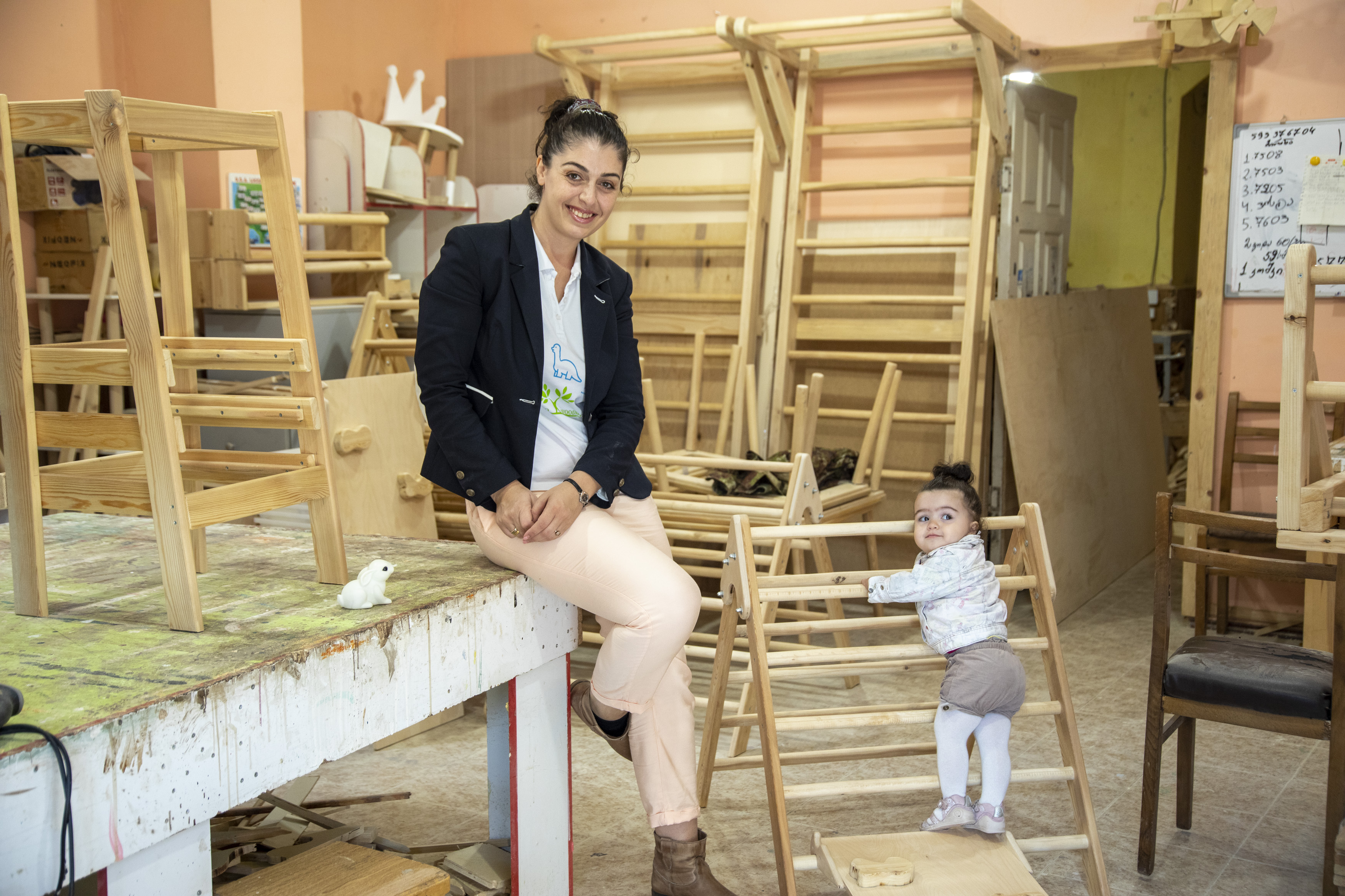 Vivia Gurgenishvili, Founder of Dino, a small enterprise that produces eco-friendly wooden furniture and toys with a focus on child development. Photo: UN Women/Leli Blagonravova.