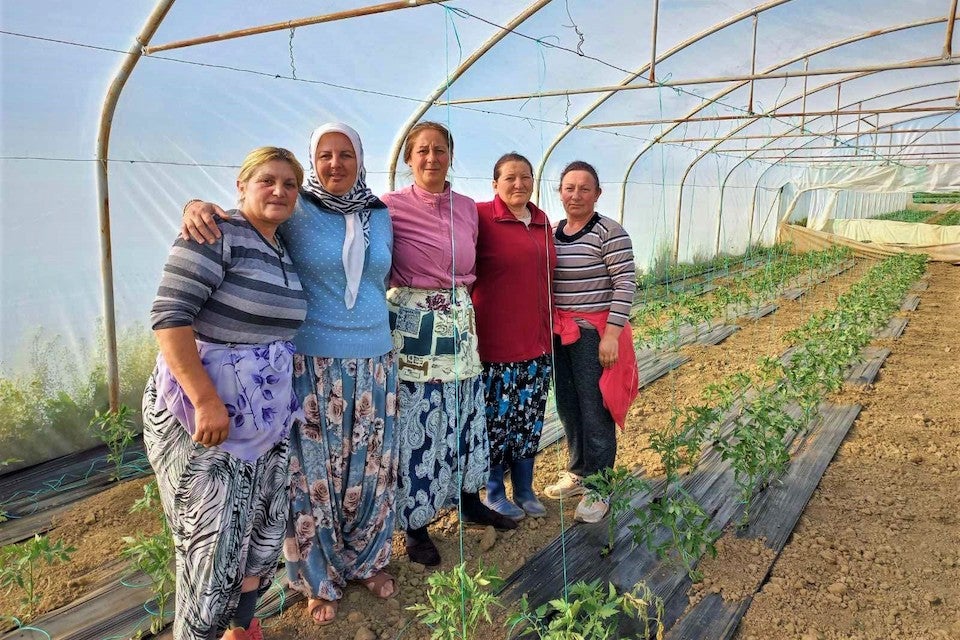 Ramiye Şalja (second from left to right) is a farmer from the rural Munipality of Mamusha supporting other women in her community. Photo: Ayda Mazrek/UN Women Kosovo.