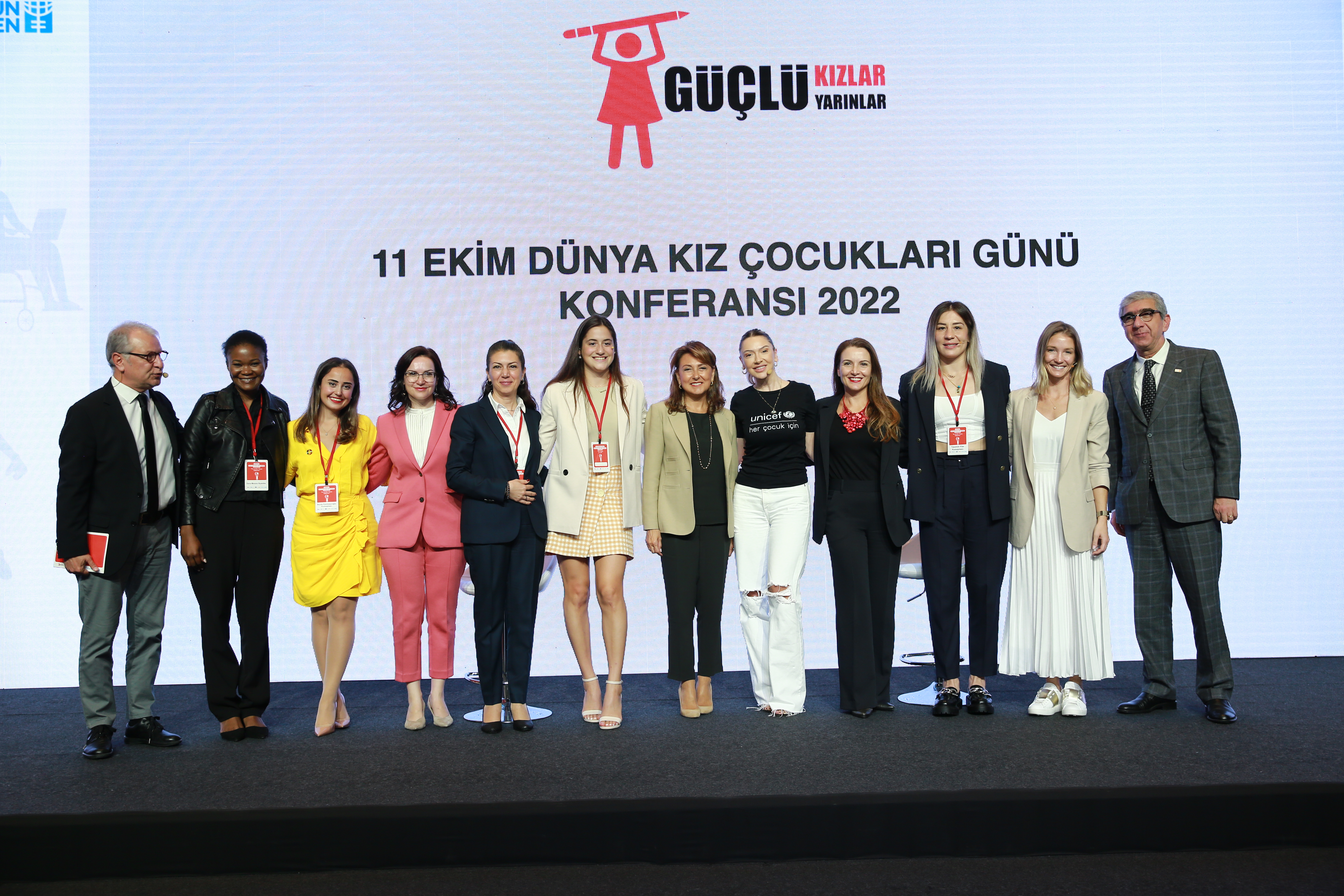 Representatives from UN Women, UNICEF, UNFPA and Aydın Doğan Foundation, together with speakers on the main stage of the International Day of the Girl Child Conference in Türkiye. Photo: Courtesy of Aydın Doğan Foundation.