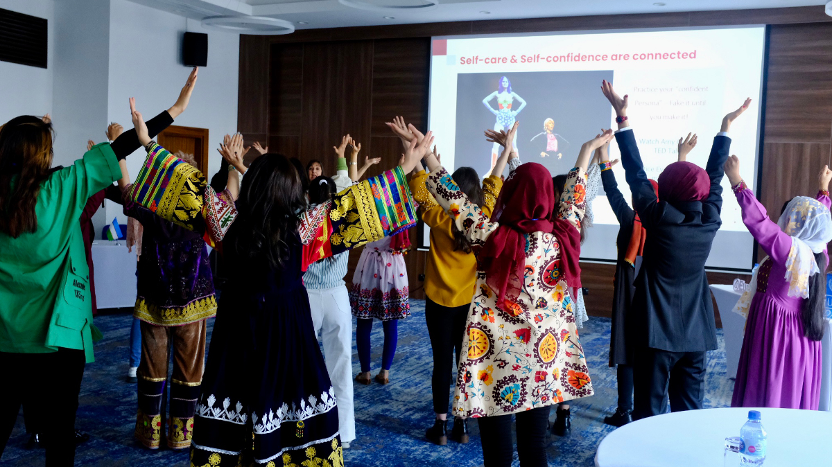 Session on self-care and self-confidence at the Winter School for Leadership and Economic Empowerment in Tashkent, Uzbekistan.