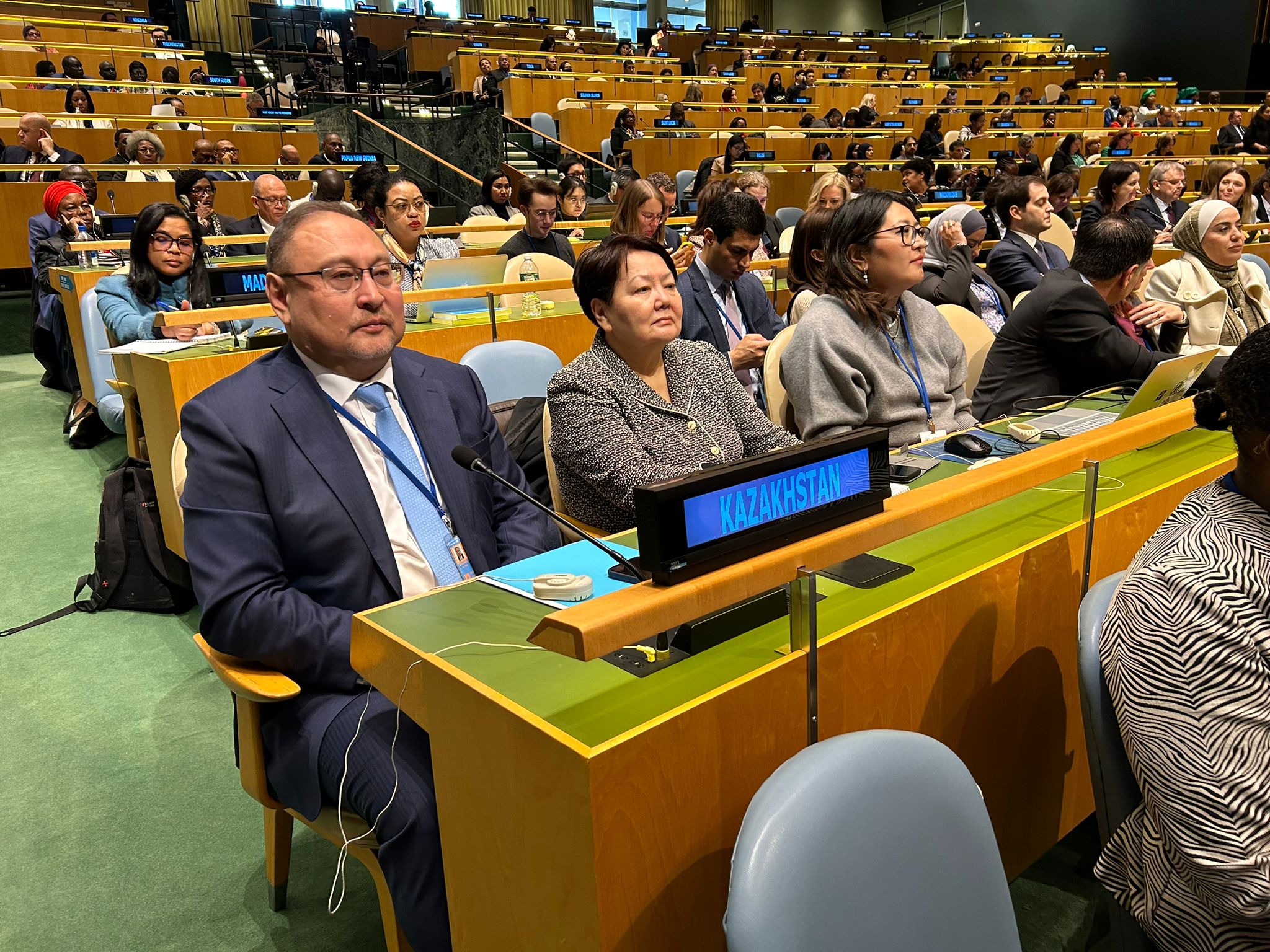 From left to right: Madina Jarbussynova, National Expert, UN Women Kazakhstan, H.E. Akan Rakhmetullin, Permanent Representative of the Republic of Kazakhstan to the UN, and Zhanna Gazizullina, First Secretary of the Ministry of Foreign Affairs of Kazakhstan. Photo: Courtesy of Ministry of Foreign Affairs of Kazakhstan.