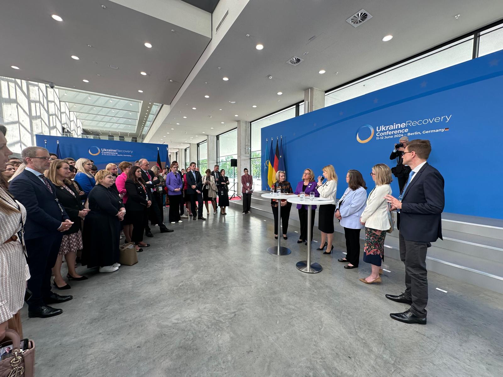 UN Women, together with the Federal Ministry for Economic Cooperation and Development (BMZ) and the Cabinet of Ministers of Ukraine, launches the "Alliance for Gender-Responsive and Inclusive Recovery" at the Ukraine Recovery Conference 2024 in Berlin. Photo: UN Women