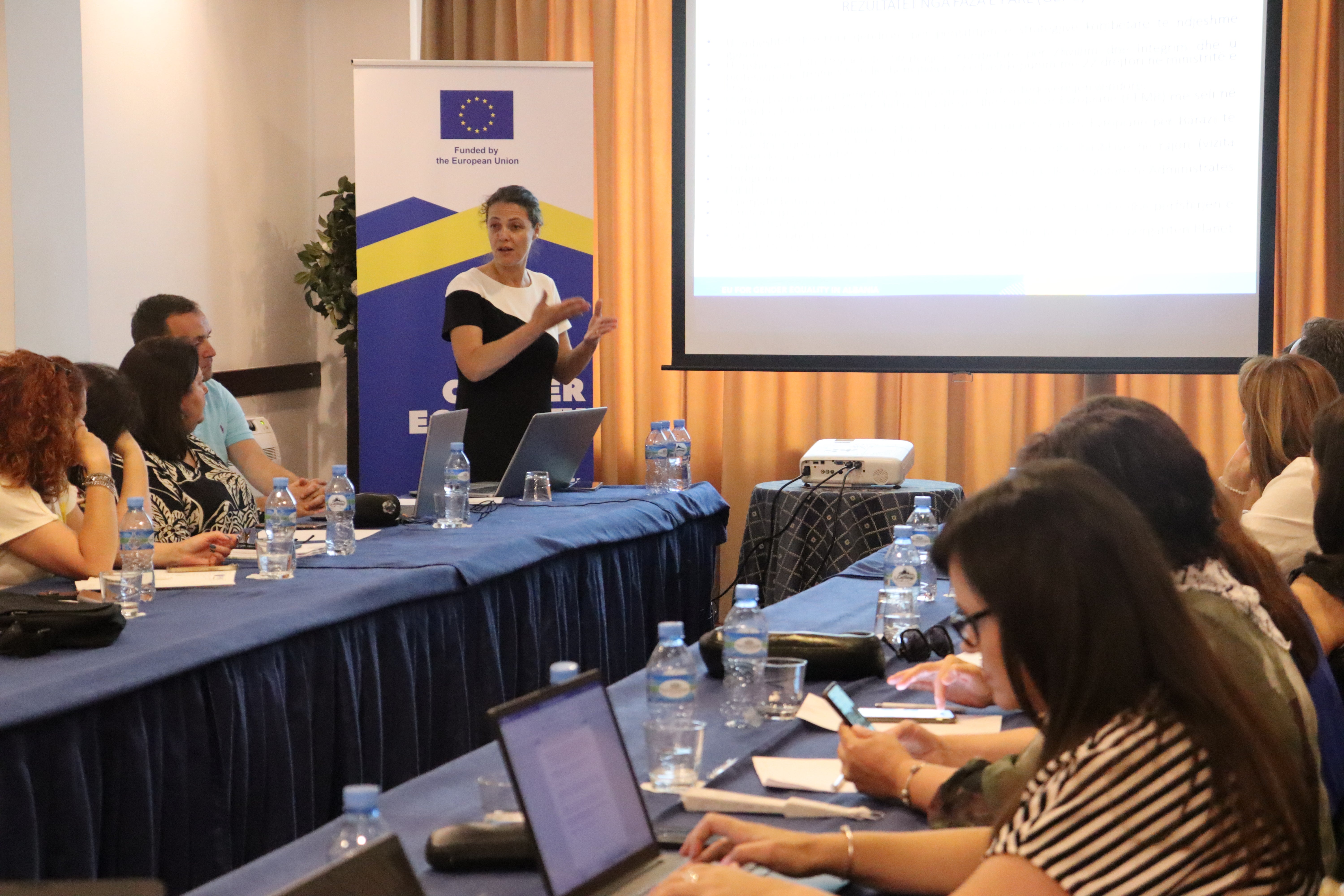 Alba Agolli from UN Women Albania sharing the experience of EU-funded GEF implementation in Albania with gender officers from Kosovo. Photo: UN Women