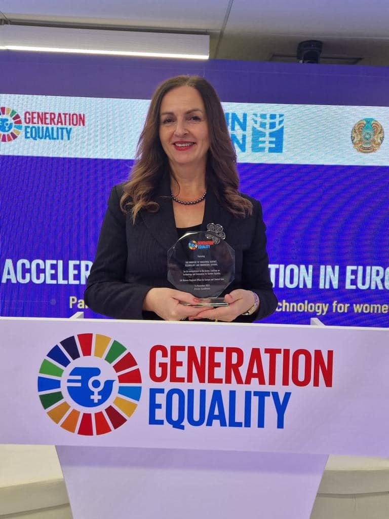 Arbërie Nagavci, Kosovo's Minister of Education, Science, Technology, and Innovation, during the Generation Equality Midpoint event “Accelerating digitalization in Europe and Central Asia: Partnerships on innovation and technology for women’s economic empowerment,” in November 2023. Credit: UN Women Regional Office for Europe and Central Asia.