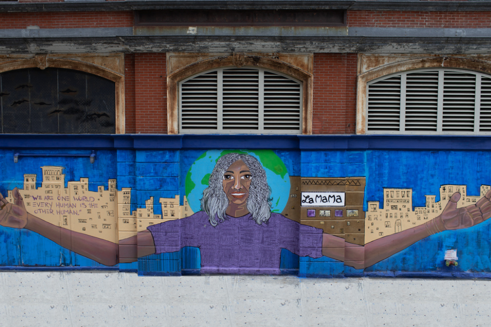 “We are one world; every human is the other human” created by the mural artist Alice Mizrachi. Photo: Secret Productions