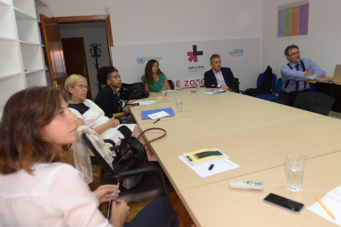 Discussing partnership with private sector during the meeting with the Executive Director of Vodafone Foundation in Albania, Albi Greva. Vodafone Albania is supporting and jointly implementing with UN Women a new HeForShe initiative in the Albanian football stadiums. Photo: UN Women/Violana Murataj