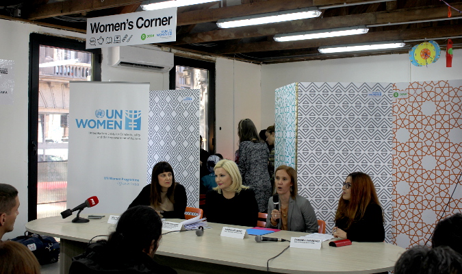 Opening speeches (from left to right): Maja Lalic, Zorana Mihajlovic, Milana Rikanovic and Barbara Chiarenza Photo: UN Women/ Bojana Barlovac