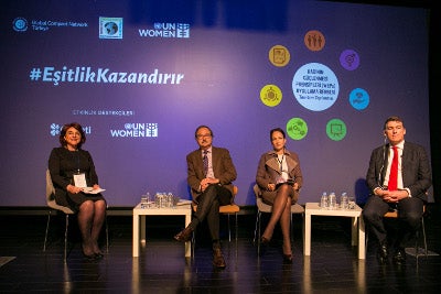 Opening panel (from left) Mehmet Ali Çalışkan, who is the Chairman of the Board of Trustees of Yaşama Dair Vakıf (YADA Foundation), UN Women Regional Director for Europe and Central Asia and Representative to Turkey Ingibjorg Gisladottir, UNFPA Representative to Turkey and Country Director for Azerbaijan and Georgia Karl Kulessa and Mustafa Seçkin, the Chairman of the Board of Directors of Global Compact Turkey