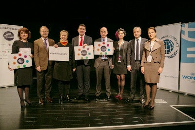 (from left) SUTEKS Group CEO and Business Spokesperson of WEPs Nur Ger; Dr. Erdal Karamercan, CEO of Eczacıbaşı Holding; Ingibjorg Gisladottir, UN Women Regional Director for Europe and Central Asia and Representative for Turkey; Colman Deegan, CEO of Vodafone Turkey,  Karl Kulessa, UNFPA Representative for Turkey and Country Director for Azerbaijan and Georgia;  Mehtap Tatar, UN Women Regional Office for Europe and Central Asia; Mustafa Seçkin, the Chairman of the Board of Directors of Global Compact Turkey; Ebru Dildar Edin , Vice Executive President of Garanti Bank 