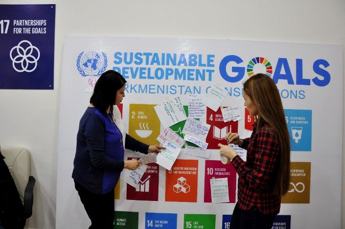 Youth leaders discussing how they can support implementation of Goal 5 (SDGs) Credits: UN Women Turkmenistan/Irina Dedova