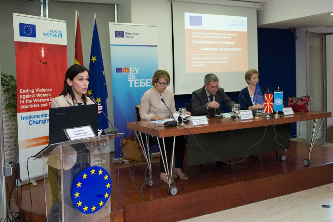 (from left to right) – Ms Dominika Stojanoska, Head of UN Women Skopje Office, Ms Elena Grozdanova, State Councilor for Equal Opportunities, Ministry of Labour and Social Policy, Mr Nikola Bertolini, Head of Cooperation, EU Delegation, Ms Louisa Vinton, UN Resident Coordinator. Photo: UN Women/Mirjana Nevada