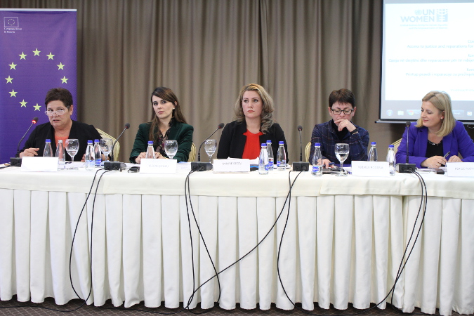 Panel on “The purpose and impact of the reparations for conflict-related sexual violence”: Flora Macula - Head of UN Women Office in Kosovo, Vlora Çitaku - Ambassador of Kosovo to United States of Amerika, Minire Begaj - Chairperson of Commission for the Recognition and Verification of the Status of CRSV survivors, Igballe Rogova - Executive director of Kosovo Women’s Network and Feride Rushiti - Executive Director of the Kosova Rehabilitation Centre for Torture Victims / Photo: UN Women