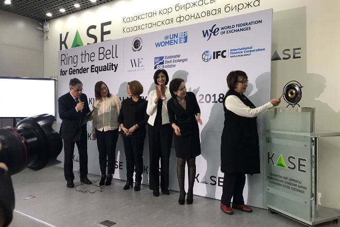 Raushan Sarsenbayeva, President of the Association of Business Women of Kazakhstan, rings the bell for gender equality at Kazakhstan Stock Exchange in Almaty on March 7, 2018. Photo credit: KASE press-service