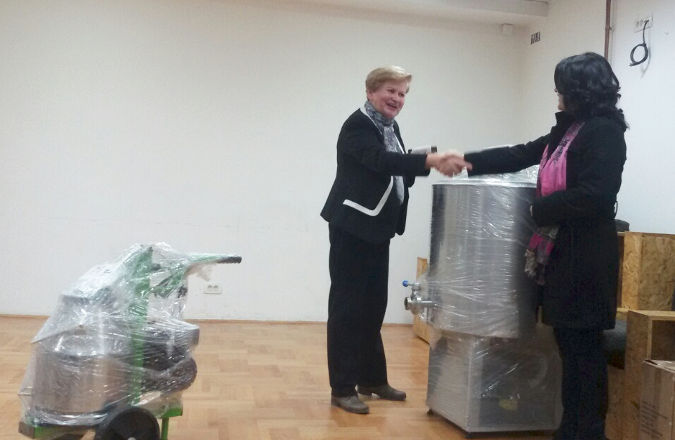 Zora Celovic donates farming equipment to rural women.