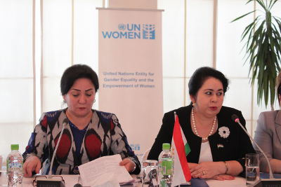 (from left to right) Ms. Olimi Marhabo, Deputy Head of the Committee on Women and Family Affairs and Ms. Hilolbi Kurbonzoda, Representative from the Parliament of the Republic of Tajikistan. UN Women/Aida Bahrami