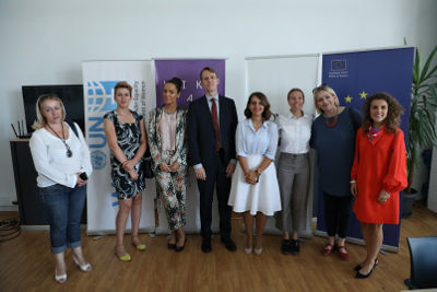 Mr. Henrik Nilsson, Ambassador of Sweden in Kosovo, with UN Women and Kosovalive representatives during Wiki-Edit-A-Thon event in Pristina. Photo: UN Women