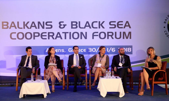 (left to right) Arda Batu, Secretary General of Turkish Business Confederation TURKONFED; Paula Byrne, Business Development Director of CSR Europe; Bora Tuncer, Schneider Electric Cluster President of Turkey-Iran & Central Asia; Raina Ekaterina, CEO, Hellenic Corporation of Assets & Participations; David Gorgiladze, Head of Public Relations and Corporate Social Responsibility, M2 Real Estate; Meral Guzel, WEPs Policy Specialist, UN Women. Photo: Balkans and the Black Sea Forum