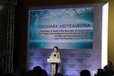 Gulshara Abdykalikova, the State Secretary of Kazakhstan, welcomes the participants of the conference. Photo: UN Women Kazakhstan/Sabina Mendybayeva