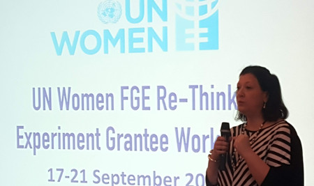 Alia El Yassir, UN Women’s Regional Director for Europe and Central Asia welcomes participants to the Fund for Gender Equality’s ‘Re-Think. Experiment’ workshop in Istanbul.  UN Women / Sara de la Peña