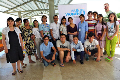 Group photo of summer camp participants after introduction. Photo courtesy: UN Women Kyrgyzstan/Gerald Gunther
