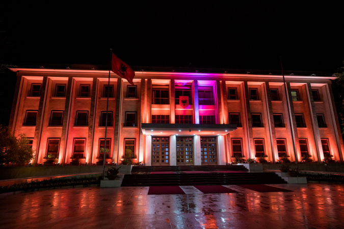 Office of the President of the Republic of Albania illuminated in orange on International Day for the Elimination of Violence against Women. Photo credit: Office of the President of Albania