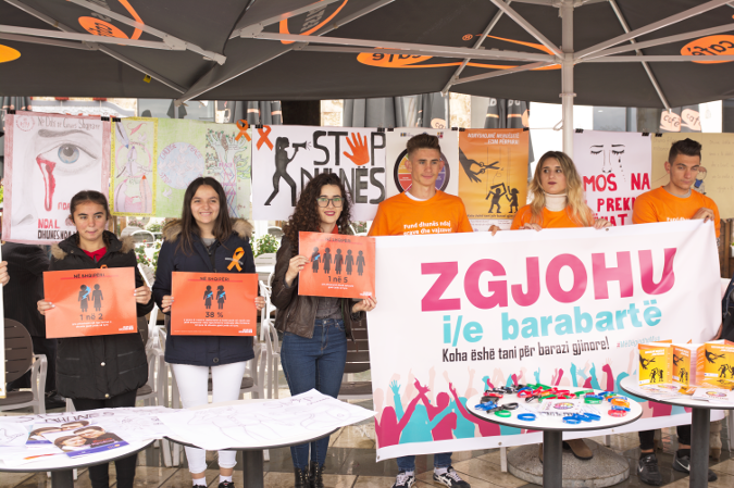 Around 100 students from marched in Belsh against gender-based violence during the 16 days campaign. Photo credit: UN Women Albania