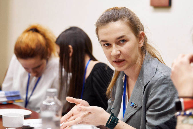 Andriana Susak, 31, discussing the amendment of the criminal code with regards to conflict-related sexual violence, on 19 June 2019 during the CRSV Conference. Photo: UN Women/Andrii Maksymov