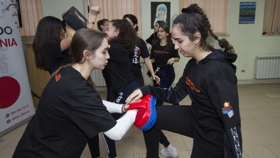 Empowerment of women and girls through self-defense. Training sessions by Aikido Albania with high school students on personal safety, teaching tools to interrupt and de-escalate violence in different forms. Photo: UN Women/Marsel Dajçi
