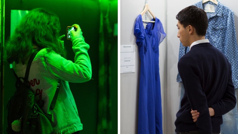On the left: Kuboiddy Gallery, street art experience hosting the artworks of five local young artists. On the right: An installation of clothes based on stories rape survivors at a university campus in Tirana, Albania. Photos: UN Women/Marsel Dajçi