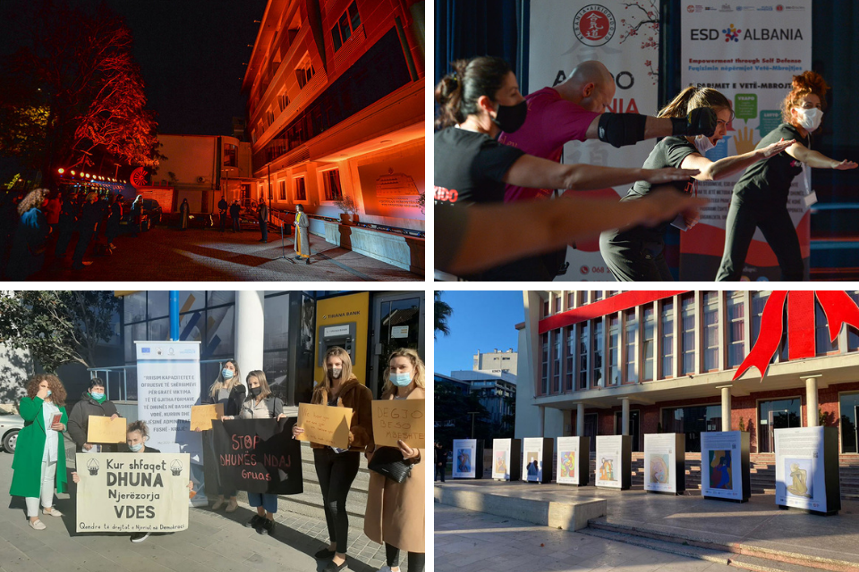 Albania marks Orange the World Campaign. Photos: UN Women Albania (Upper row & lower right), Human Rights in Democracy Center (lower left)