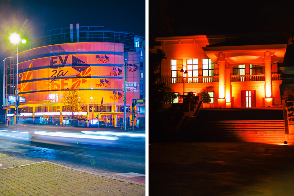 On the left: The building of the Delegation of the European Union (EUD) to the Republic of North Macedonia, Photo: EUD in North Macedonia; On the right: Presidential residence Vila Vodno in orange, Photo: Office of the President of the Republic of North Macedonia.