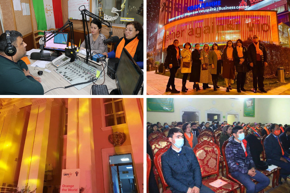Across cities and towns, Tajiks join forces against gender-based violence as part of the global 16-days campaign. Photos: UN Women/Guljahon Hamroboyzoda (upper row); UN RCO in Tajikistan (lower left hand corner); CSO “Mumtoz”/Rukhsona Shaobiddinova (lower right hand corner)