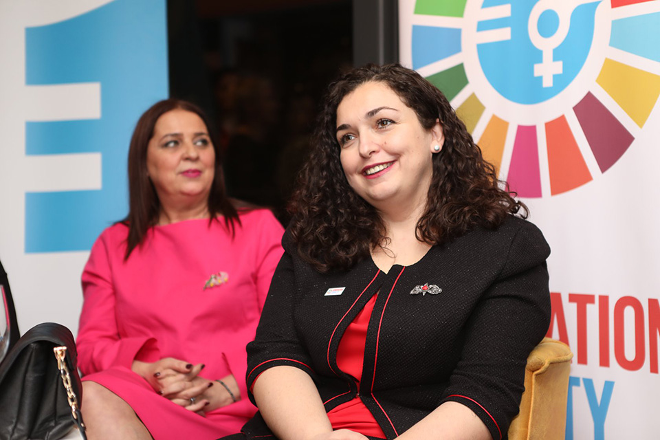 Vjosa Osmani, Assembly President, and Vlora Dumoshi, Minister of Culture, Youth, and Sports sharing their views on the importance of gender equality and women’s empowerment with the audience. 