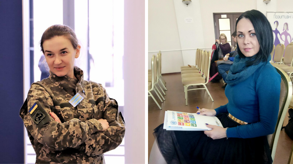 On the left: Andriana Susak represents Ukraine’s Women Veteran Movement, a group formed by female veterans to advocate for their rights. Photo: UN Women/Andriy Maksymov. On the right: Olena Shepeleva runs a support group for women living with HIV. Photo courtesy of Olena Shepeleva.