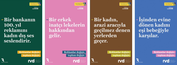 The campaign messages challenged traditional roles (from left): A bank’s ad for its 100th anniversary has a woman voice-over – when only 12 per cent of ads in Turkey are voiced by women . A man removes stubborn stains. A woman crosses treacherous terrain with her off-road 4x4 . A father and baby welcome the mother as she returns home from work.