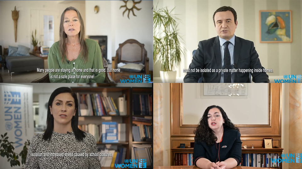 Top left: UNDC Ulrika Richardson joined the campaign calling on relevant actors to work towards the protection of survivors. Top right: Kosovo Prime minister Albin Kurti joined the UN Women campaign against Domestic Violence. Bottom left: UN Women Head of Office Vlora Nushi in her video address emphasized that violence is not a private matter. Bottom right: The first woman Assembly Speaker Vjosa Osmani, joined the UN Women campaign against Domestic Violence urging everyone to report violence. Photo: UN Women Kosovo. 