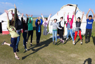 Group photo of summer camp participants after introduction. Photo: UN Women Kyrgyzstan/Gerald Gunther