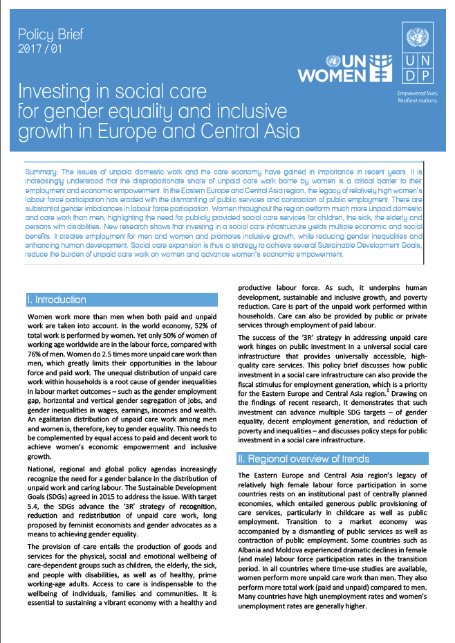 UN Women UNDP Social Care Policy Brief 2017 cover