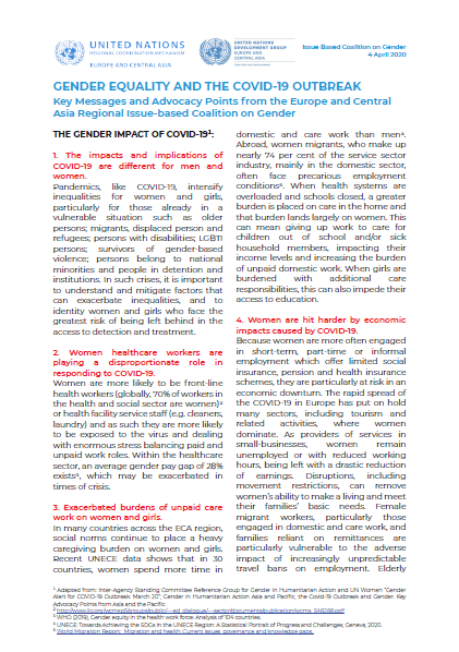 Gender equality and the COVID-19 outbreak: Key messages and advocacy points from Europe and Central Asia Regional Issue-Based Coalition on Gender | UN Women – Europe and Central Asia